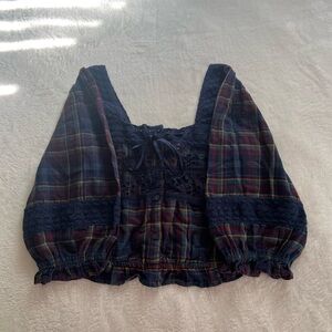 AE Plaid Lace Puff-Sleeve Blouse